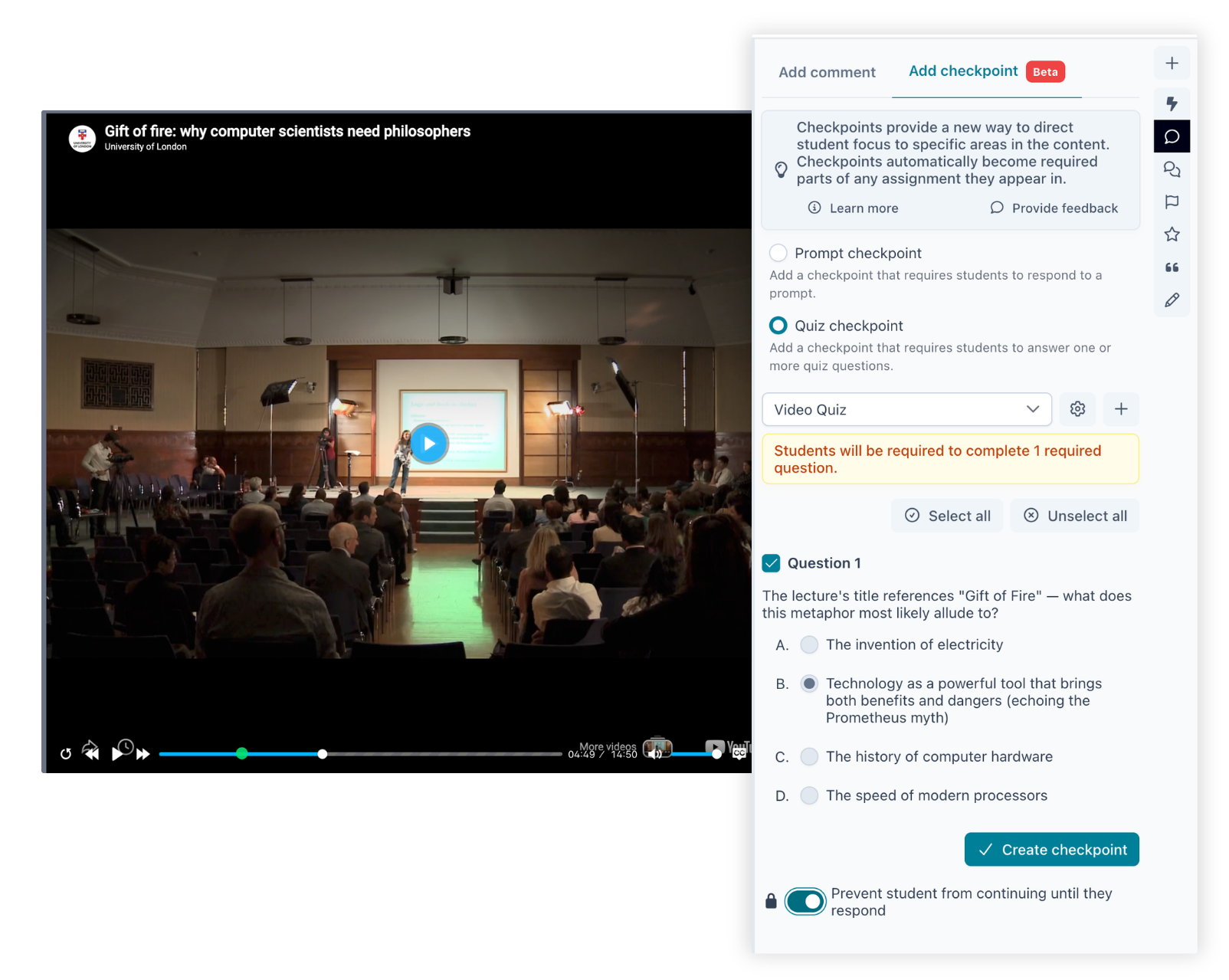 Video Quiz Checkpoint in Perusall. Students answer question before playback continues.