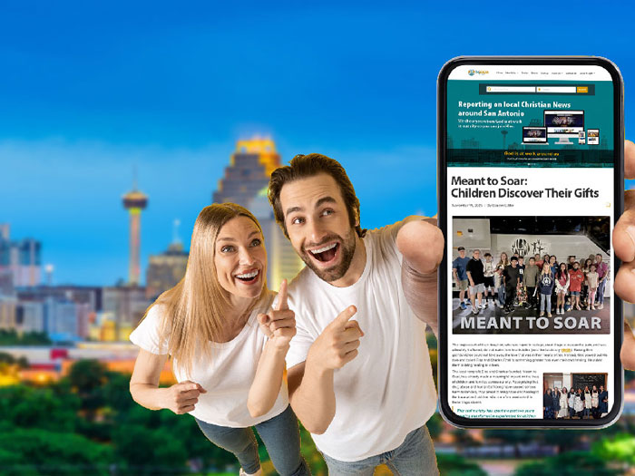 Smiling man and woman pointing excitedly at a smartphone displaying an article titled 'Meant to Soar: Children Discover Their Gifts' with a city skyline blurred in the background.