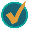 Orange checkmark inside a teal circle with dark teal background.