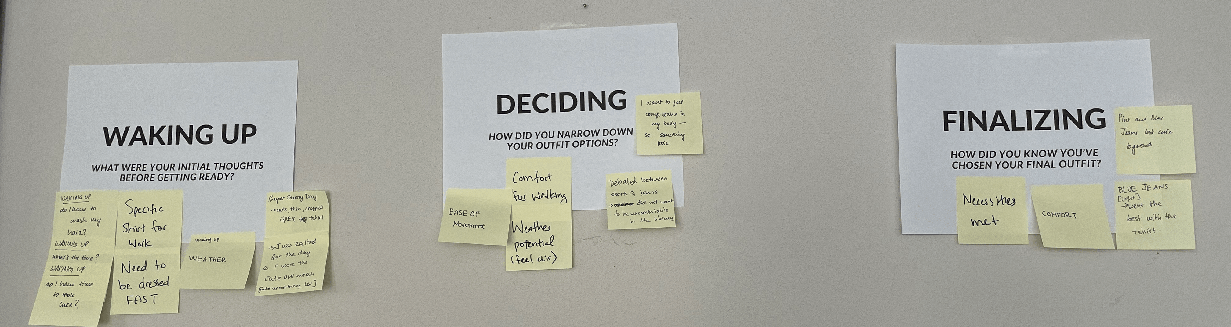 picture of wall with postits for 'waking up' 'deciding' and 'finalizing'