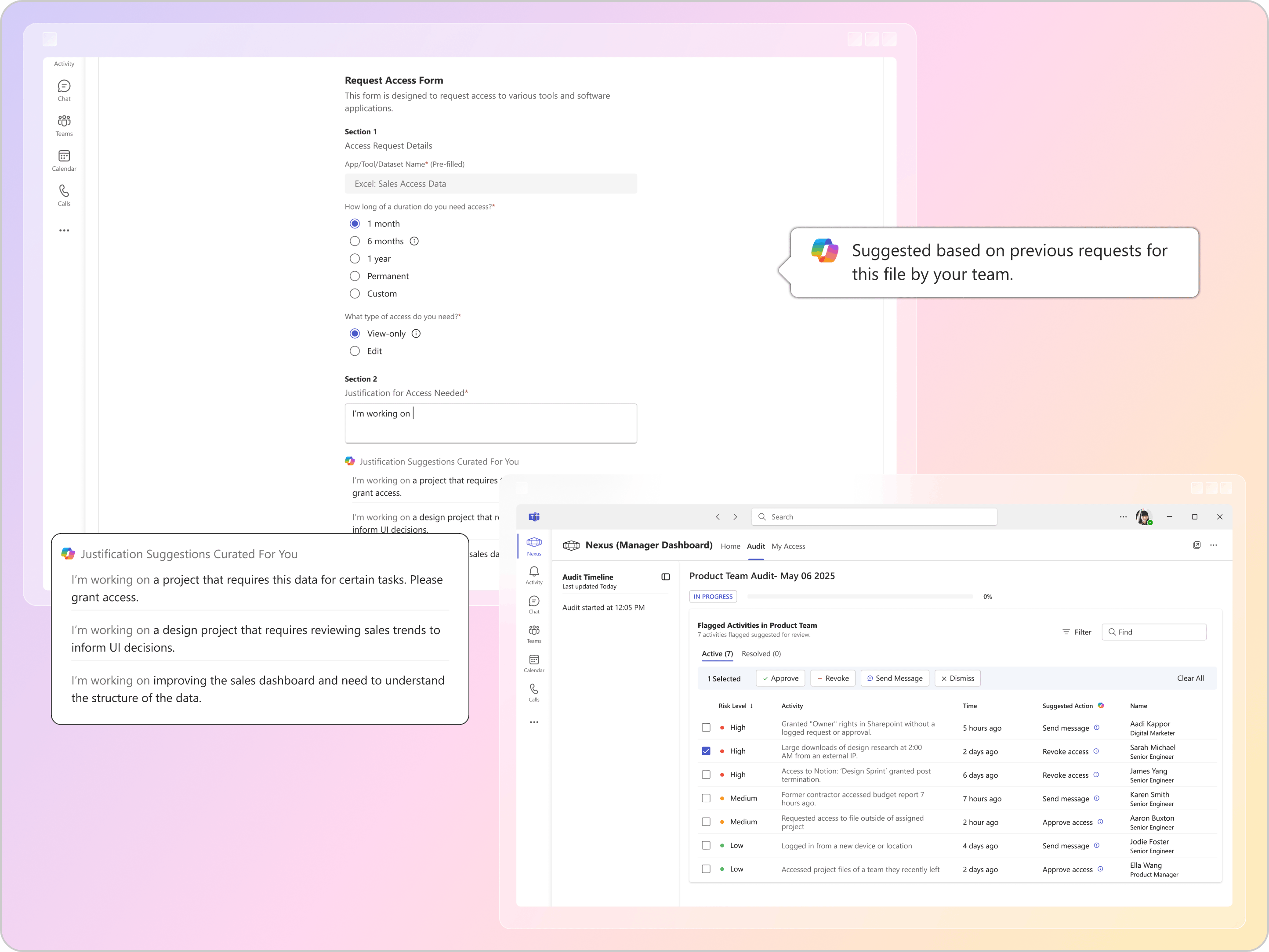 Screenshot of a Request Access Form pre-filled for Excel Sales Access Data and a Nexus Manager Dashboard showing audit and flagged activities with options to approve or revoke access.