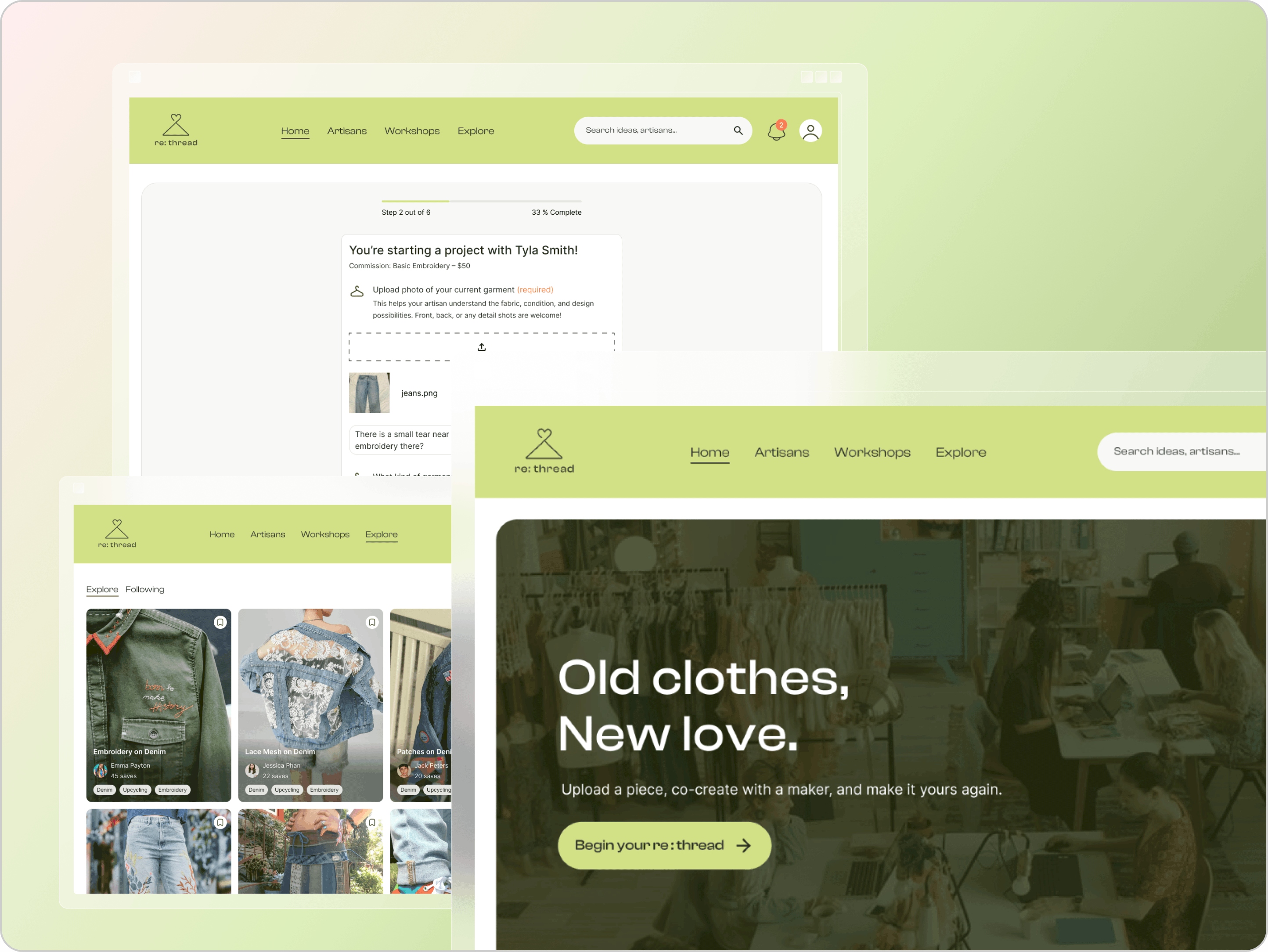 Three overlapping browser windows showing a website for re:thread featuring options for Home, Artisans, Workshops, and Explore, with the main page slogan 'Old clothes, New love.' and images of upcycled denim clothes.