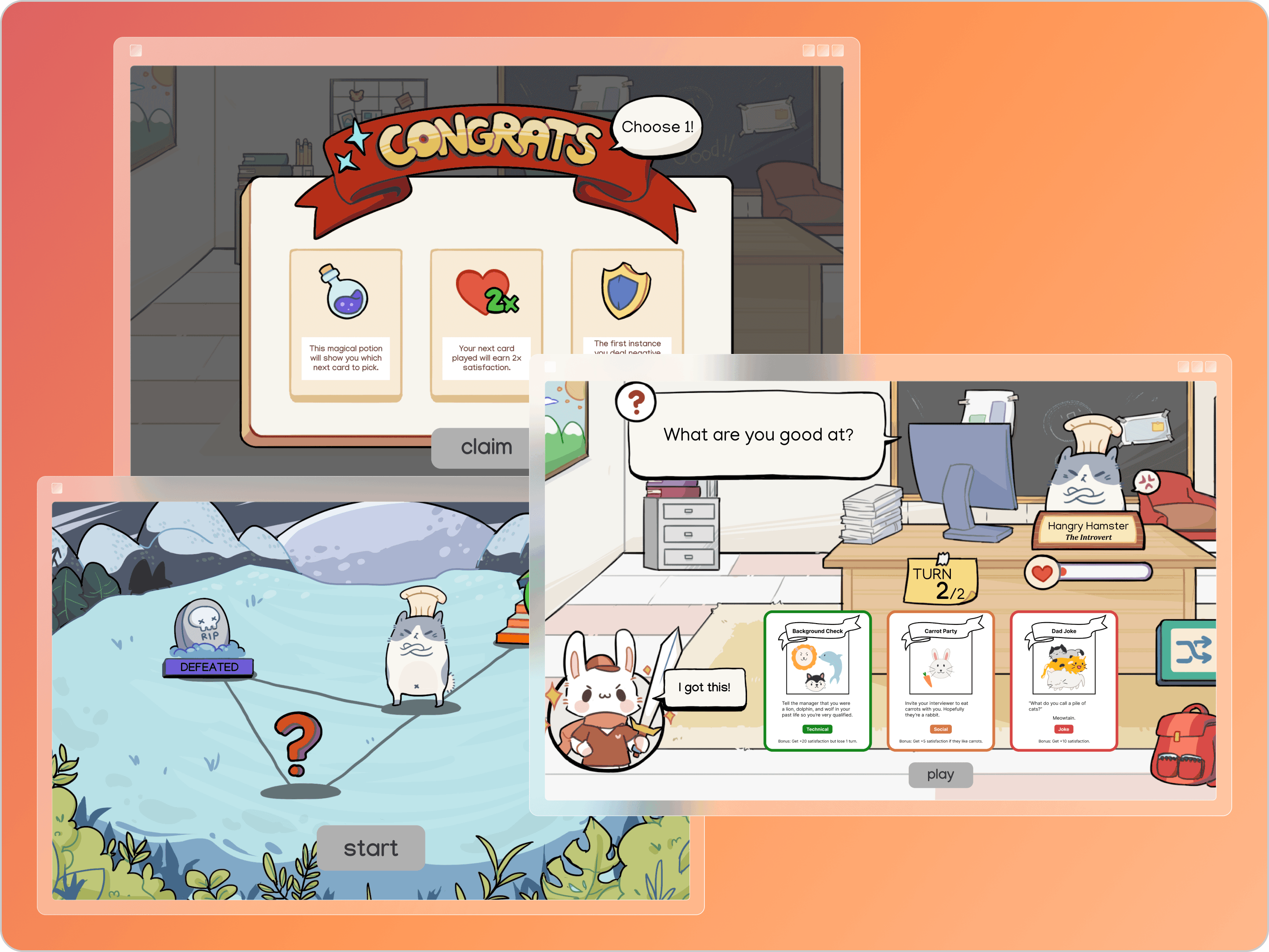 Screens from a cartoon-style game featuring a cat character with a chef hat in a snowy landscape and an office setting with dialogue and choice cards.