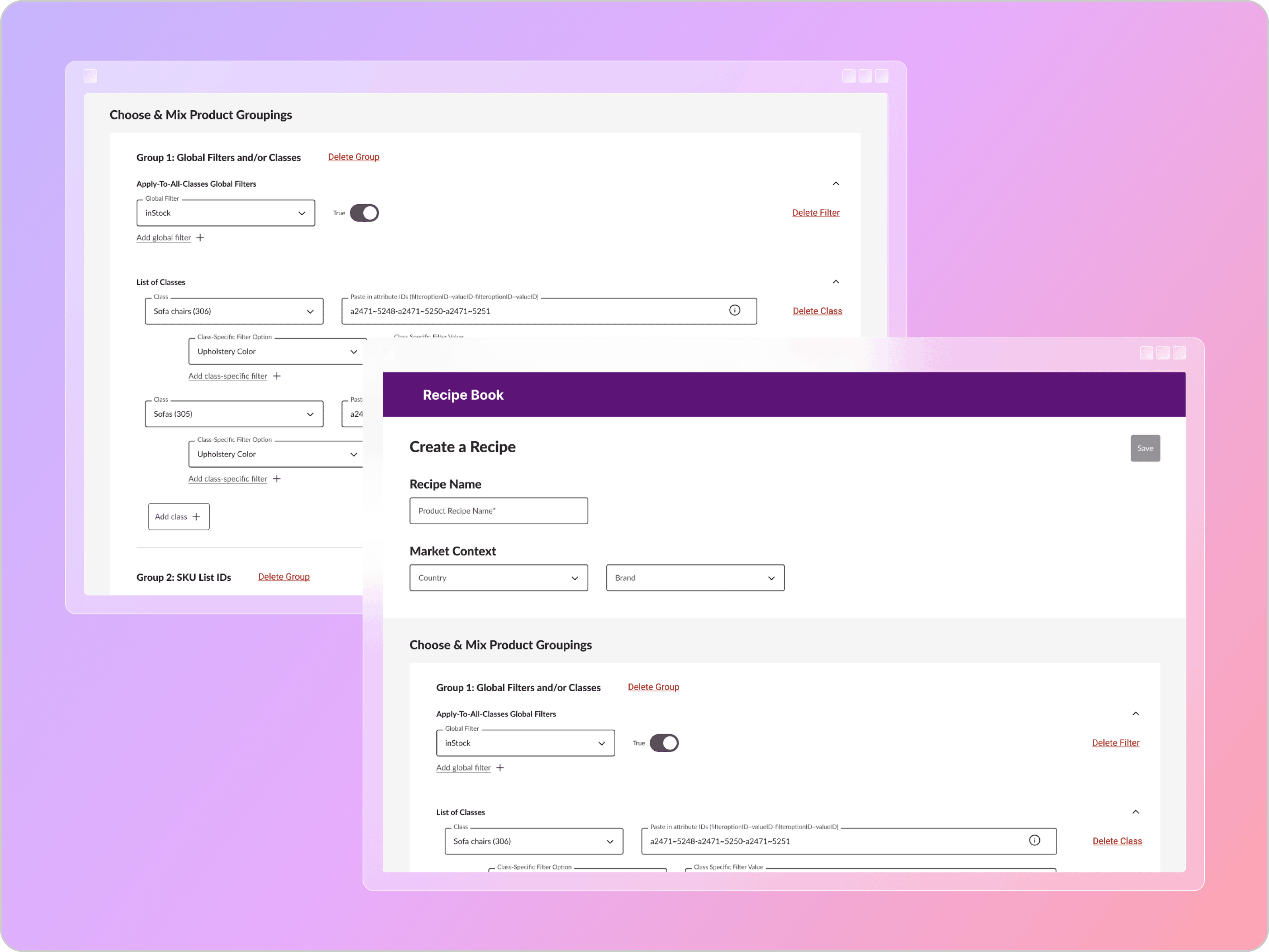 User interface of a recipe book application with sections to create a recipe, add product name, market context, and choose product groupings with filters and classes like sofa chairs and sofas.