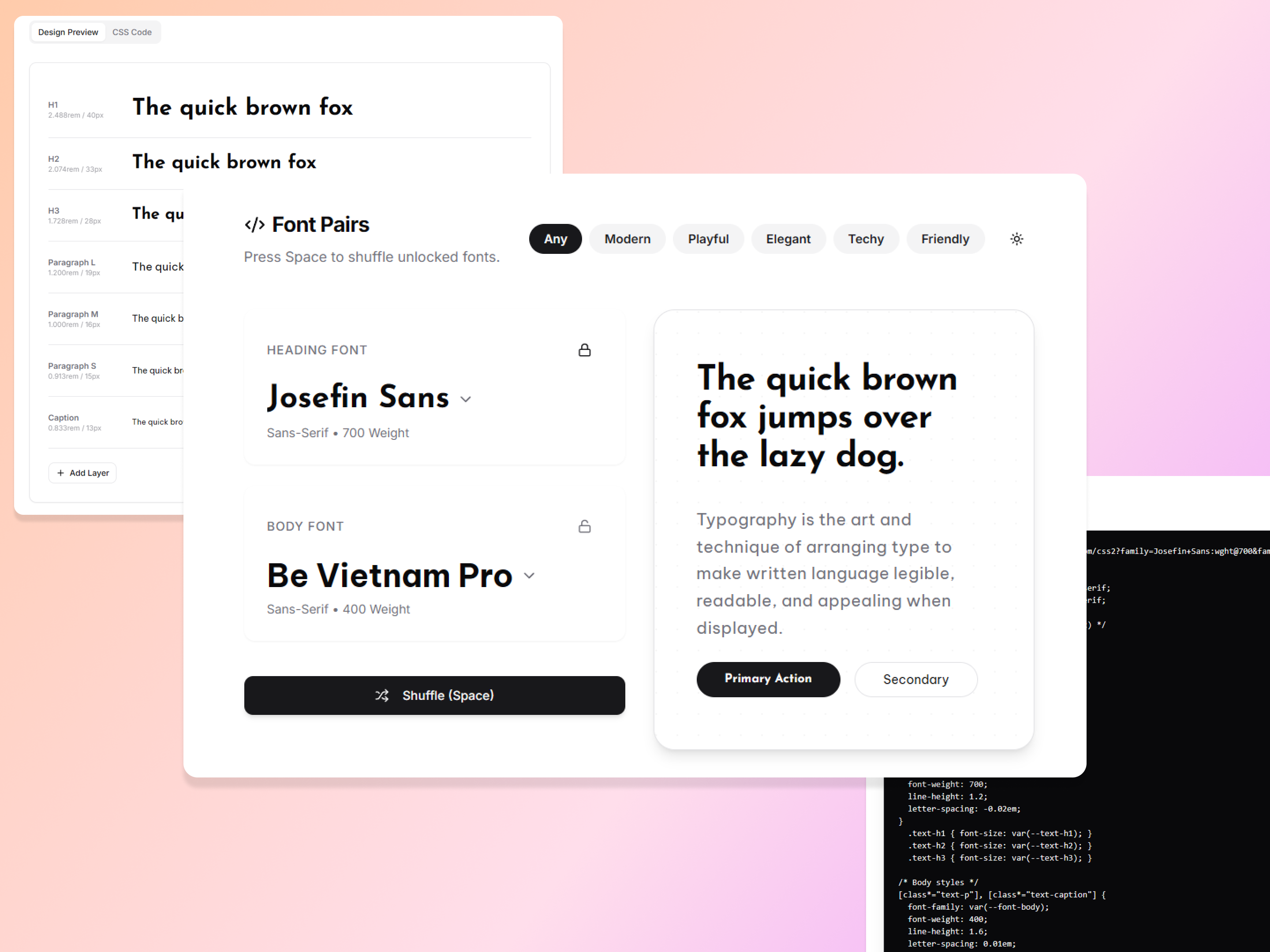 image of font pairs which is a tool that helps generate font pairs by locking and pressing space. visual preview of the fonts.