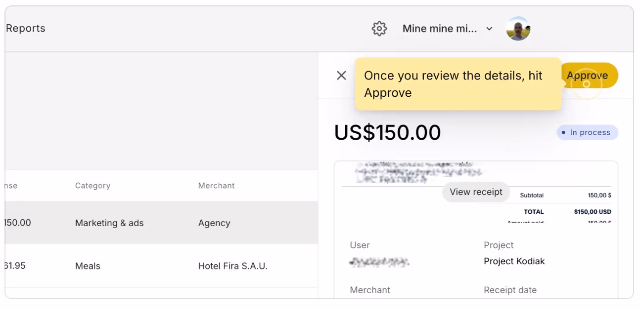 Click approve in expense detail to approve expenses in ExpenseMonkey