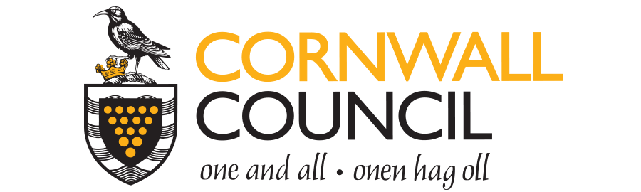 Cornwall Council logo featuring a black bird perched on a golden crown above a shield with gold dots and black and white chevrons, with the text 'CORNWALL COUNCIL' and the motto 'one and all • onen hag oll'.