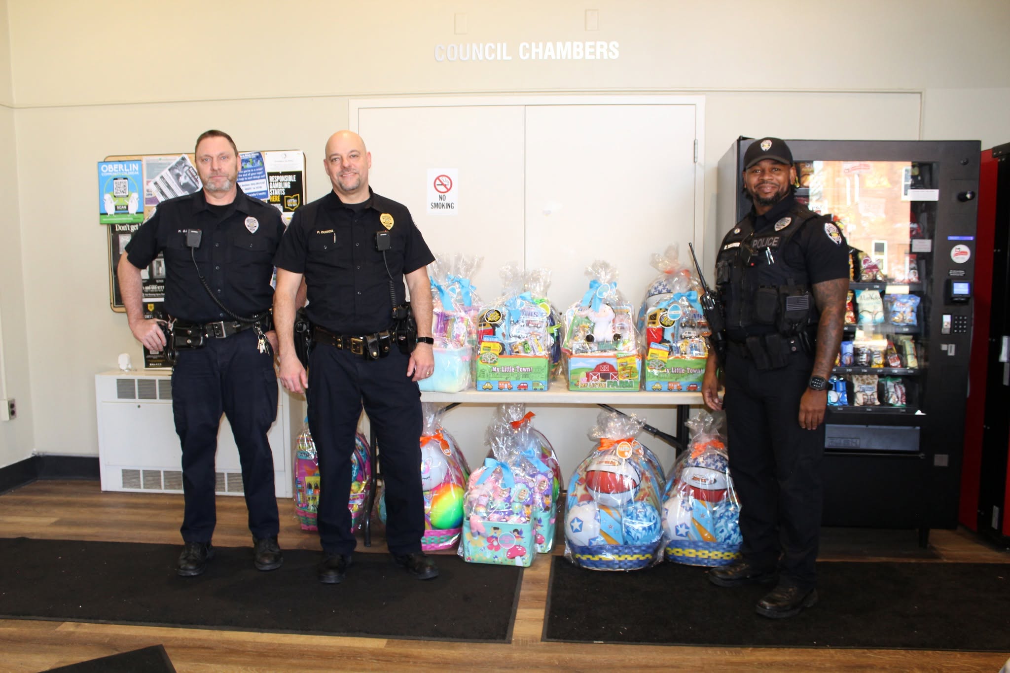 Oberlin Police at Easter give away 