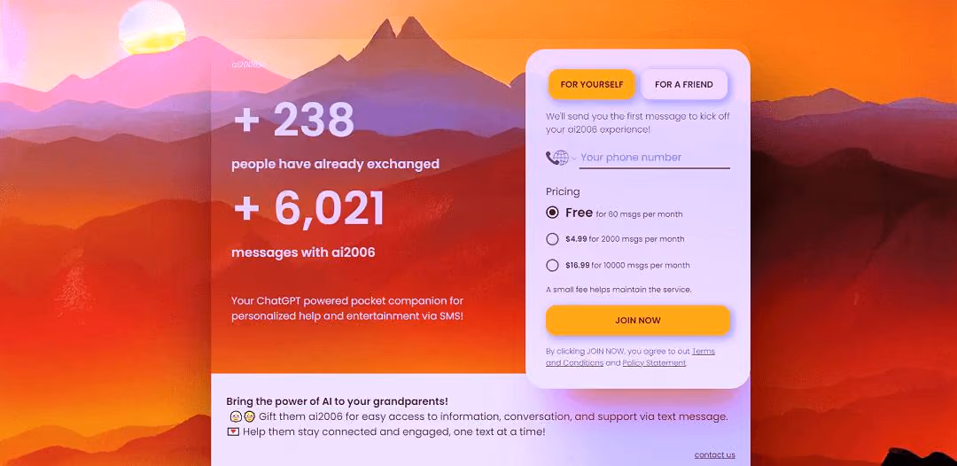 ai2006 is an AI-powered text messaging service offering personalized help and entertainment.