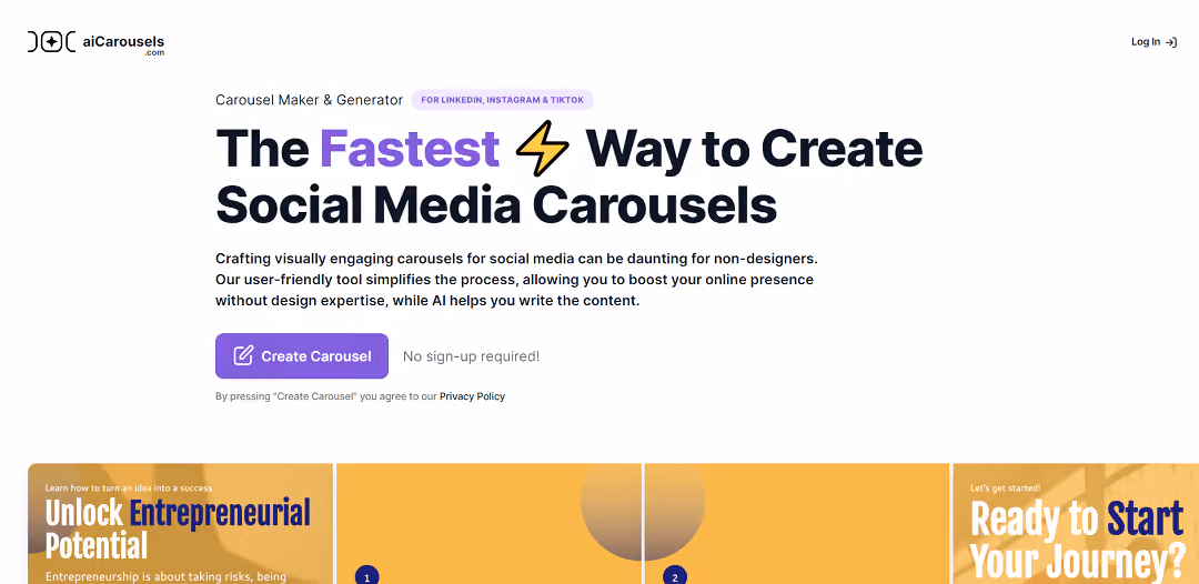 aiCarousels.com is a free, user-friendly tool designed for crafting visually engaging carousels on social media platforms like LinkedIn, Instagram, and TikTok. It simplifies carousel design, making it accessible to non-designers, and offers features for generating captivating content, including an AI Writing Assistant.