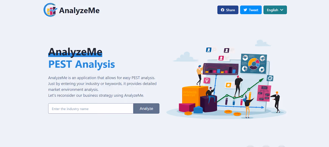 AnalyzeMe, an AI-driven tool, simplifies the often complex task of PEST analysis. With a straightforward interface, users input their industry or keywords, receiving a detailed market analysis encompassing Political, Economic, Social, and Technological factors.