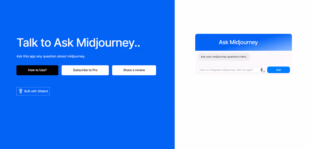 Ask Midjourney, powered by Sttabot.io, is an AI tool that facilitates inquiries about Midjourney. Users can ask questions related to Midjourney, and the AI generates responses.