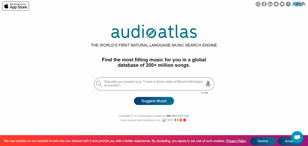 Audioatlas, an AI-powered music search engine, revolutionizes the way users discover and license music from a vast global database of over 200 million songs. Unlike traditional search engines, Audioatlas employs advanced AI technology, offering a natural language music search experience.