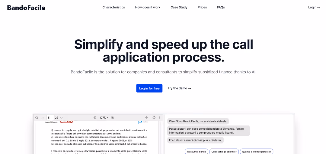 BandoFacile is an AI-powered tool that simplifies and speeds up grant and funding application processes for businesses and consultants. It automates document compilation, saving time and money.