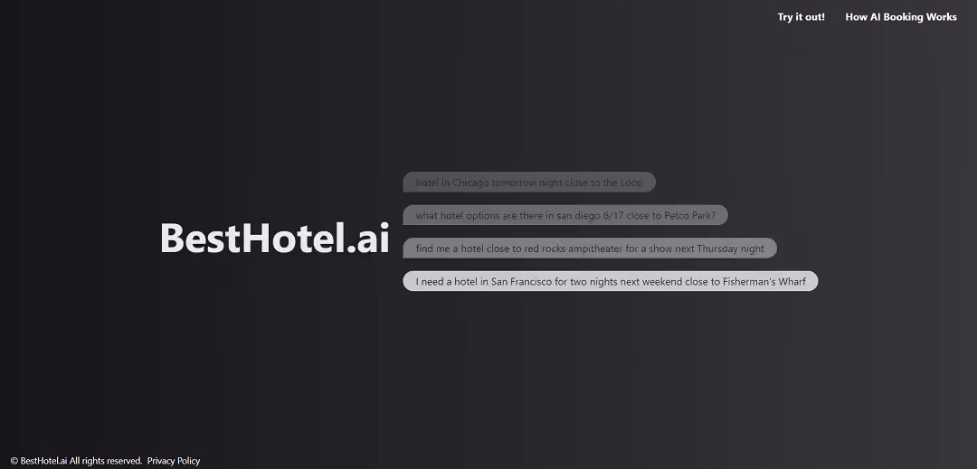 BestHotel.ai is an AI-driven hotel booking tool designed to simplify the process of finding and booking hotels.