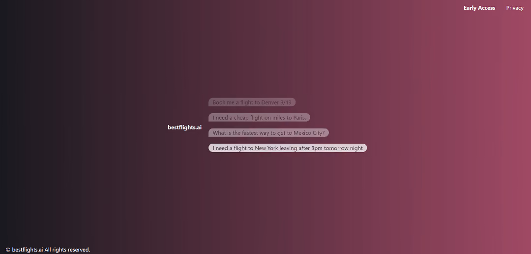 Bestflights.ai is an AI-powered flight booking and itinerary optimization tool, designed to cater to specific flight-related queries based on various parameters like travel dates, destination, cheapest fares, fastest routes, and mileage.