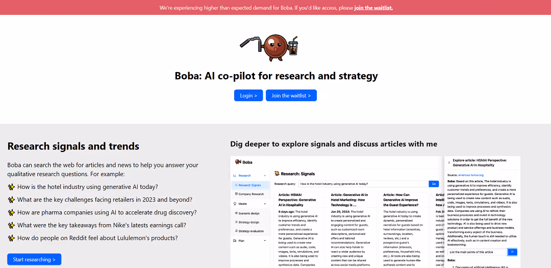 BOBA is an AI partner designed to assist businesses in research and strategy development.