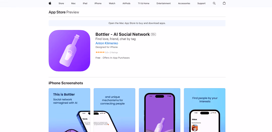 Bottler, an AI-driven social networking app available on iOS devices via the App Store, enhances the user experience by offering personalized suggestions based on individual preferences.
