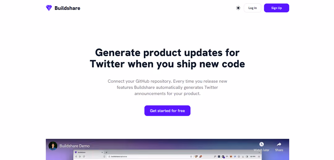 Buildshare is a user-friendly web tool that streamlines developers' Twitter-based product updates. By connecting their GitHub repositories, developers can effortlessly create Twitter announcements whenever they roll out new features or updates, fostering transparent communication with a wider audience.