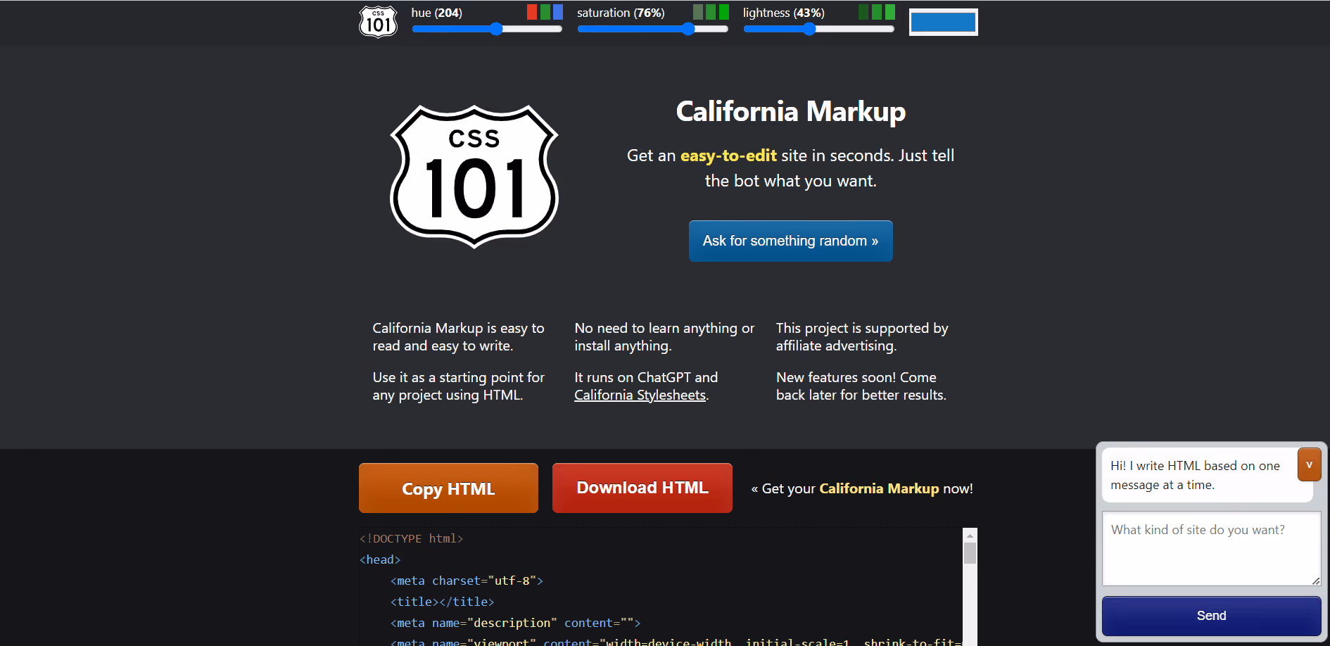 California Markup is an AI tool streamlining HTML coding. It quickly translates simple user requests into human-readable HTML code. Developers benefit from code that's easy to understand and modify, serving as a foundation for web projects.