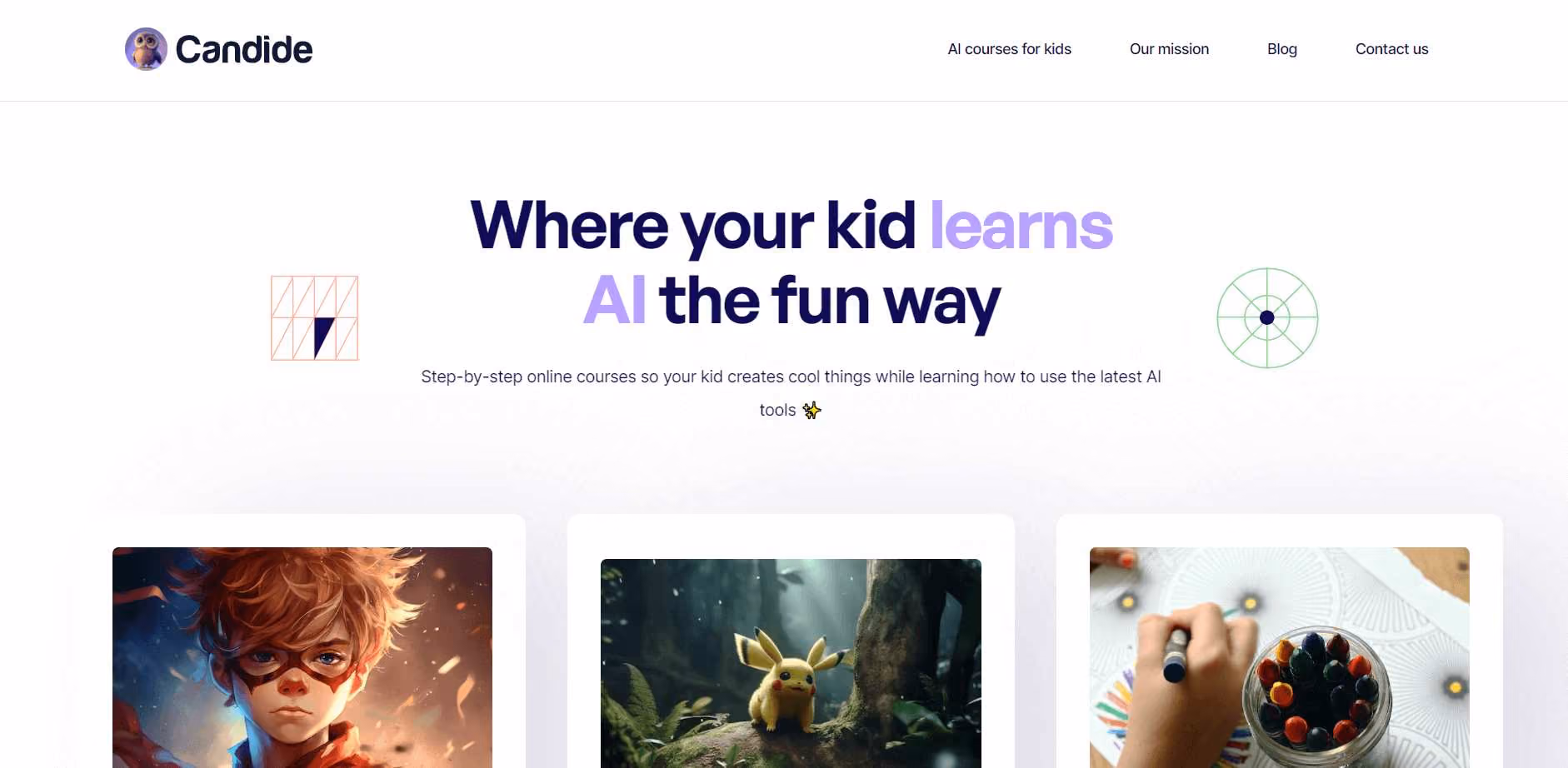 Candide.ai offers online courses that introduce children to AI tools, fostering creativity while they learn.