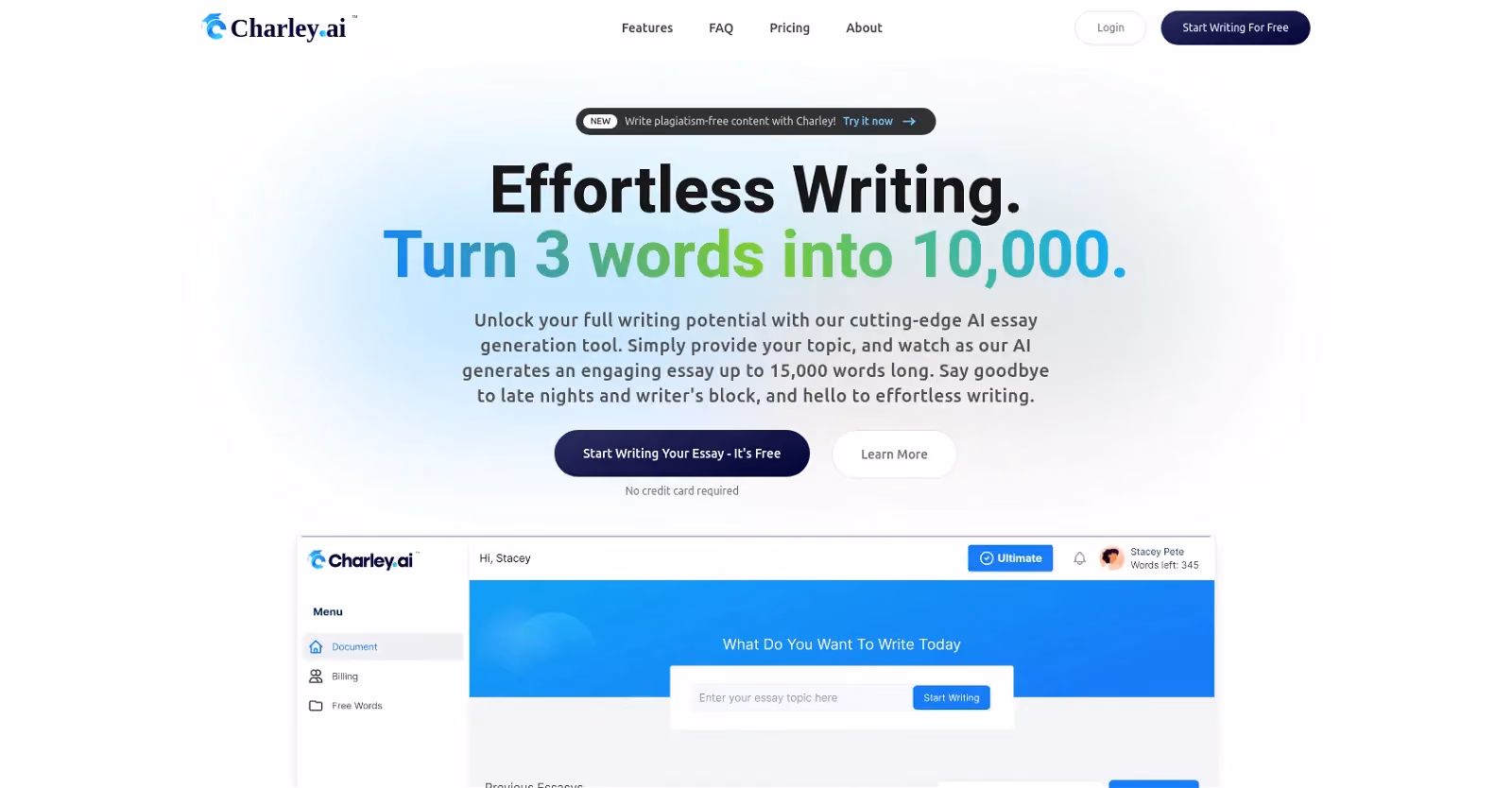 Charley.ai is an AI essay writer that effortlessly generates essays, saving time and reducing stress for users.
