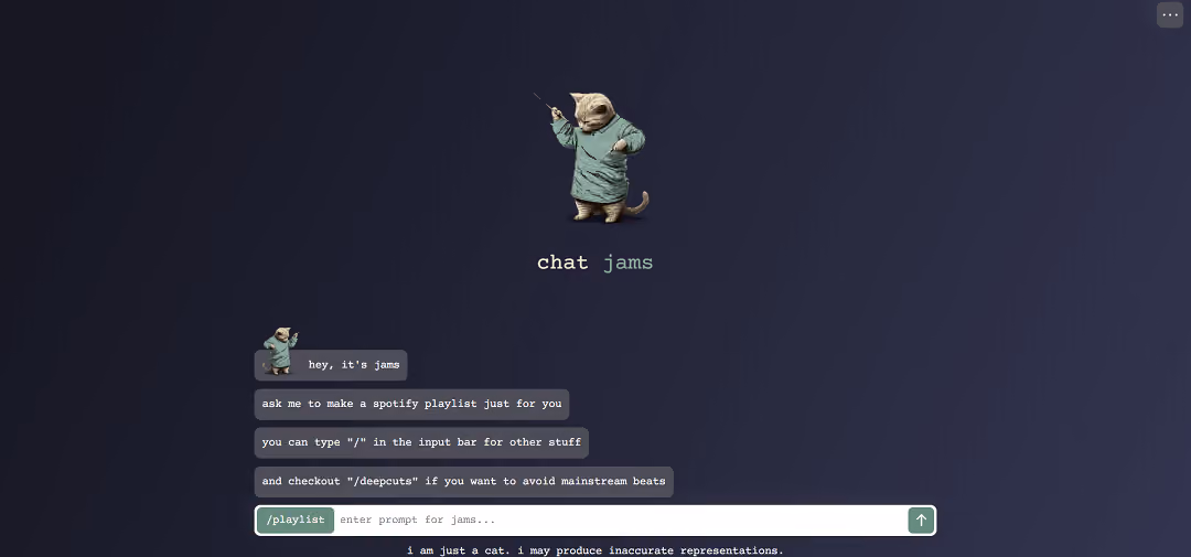 Chat Jams employs AI to craft custom Spotify playlists based on users' music tastes, with an animated cat engaging in text-based conversations as the interface.