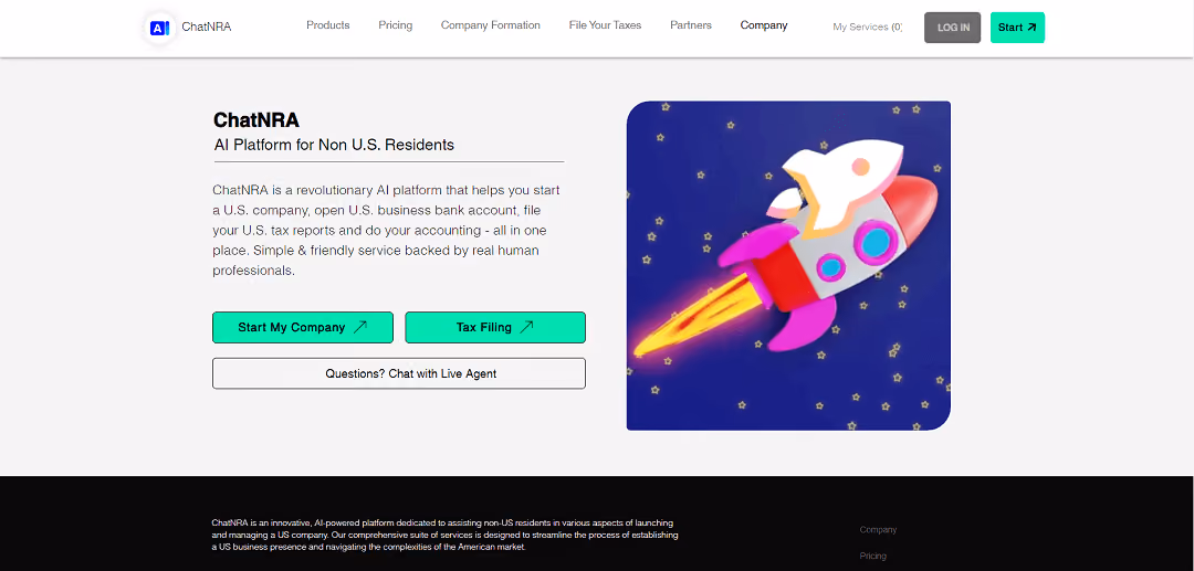 ChatNRA is an AI platform designed to assist non-US residents in establishing and managing US-based companies. It simplifies the complex process of entering the American market by offering services like setting up a US LLC, opening a US business bank account, handling tax reports, and managing accounting tasks.