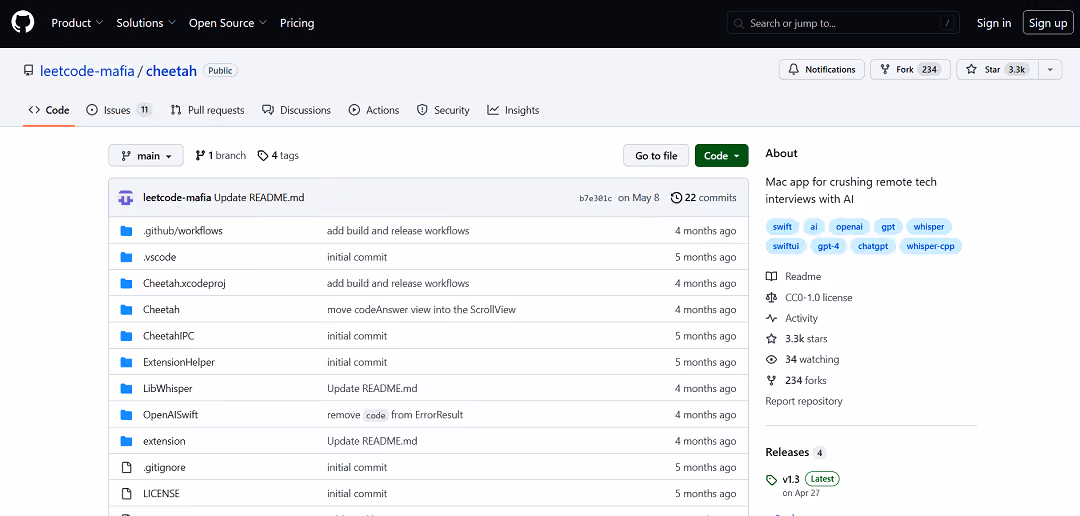 The GitHub repository "leetcode-mafia/cheetah" introduces an app leveraging Whisper and GPT technologies to enhance performance in remote Software Engineering interviews.