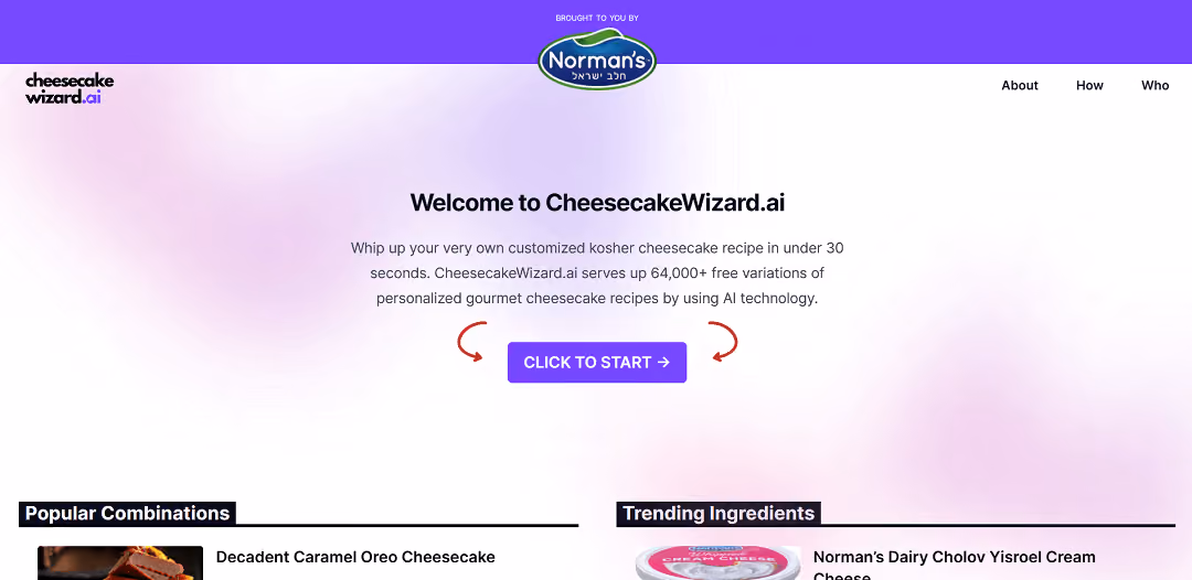 CheeseCakeWizard.AI is an AI-powered tool that swiftly generates personalized kosher cheesecake recipes in under 30 seconds.