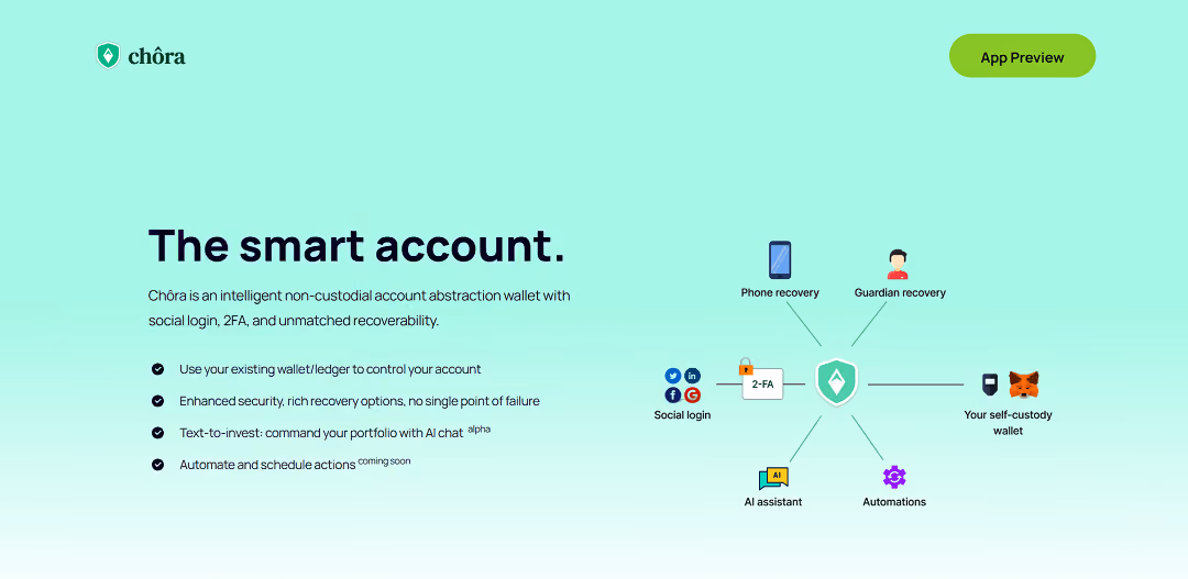 Chôra is an intelligent non-custodial wallet that prioritizes security, user experience, and asset recoverability.