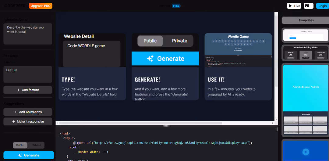 Codepeer is an AI-powered tool that quickly generates websites based on user inputs.