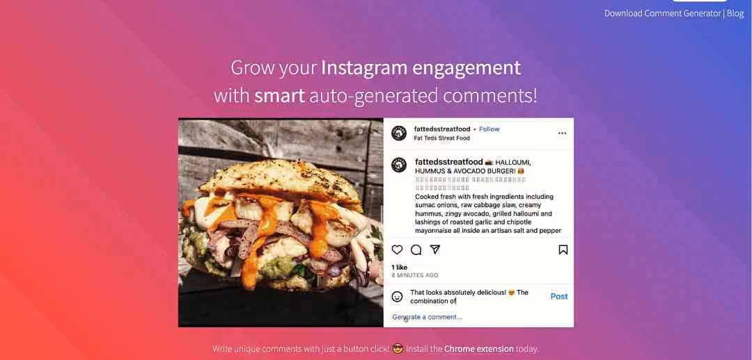 The Instagram Comment Generator is a user-friendly tool via a Chrome extension, allowing Instagram users to create personalized comments effortlessly.