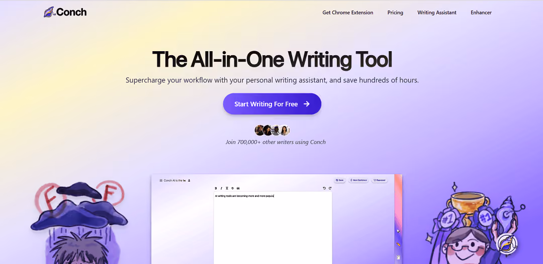 Conch is an AI-powered writing assistant that helps users write faster and avoid AI detection algorithms.