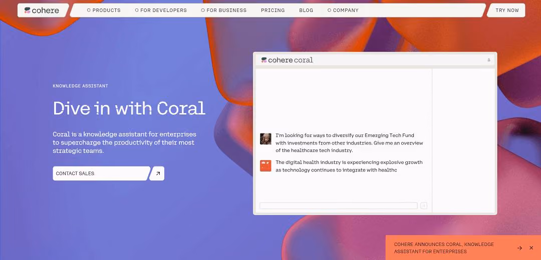 Coral, Cohere's cutting-edge conversational AI tool powered by the latest Command model, engages in complex dialogues, assists with diverse tasks, and promotes interactive learning.