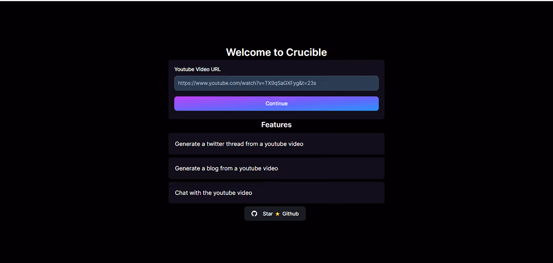 Crucible, an AI tool, facilitates effective engagement with video content by converting it into various formats such as blogs and Twitter threads. Its core aim is to simplify the process of transforming videos into written forms, offering a versatile solution.
