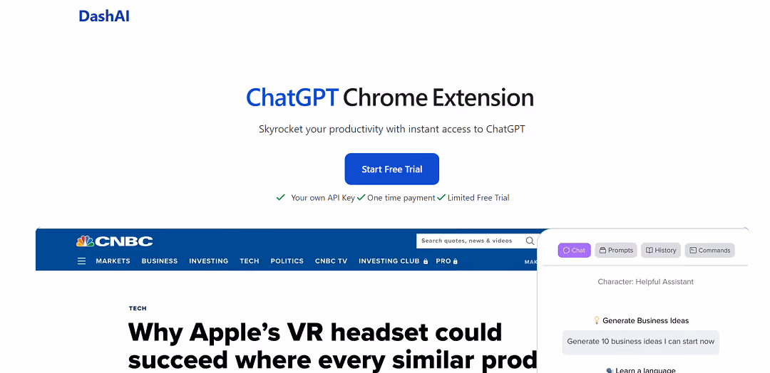 DashAI is a user-friendly Chrome extension that gives you instant access to ChatGPT, an AI language model, from any webpage. With a simple shortcut, you can open a side chat to execute commands on text and auto-fill text fields with AI-generated content.