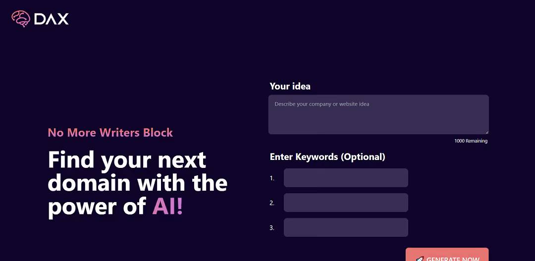 No More Writers Block! Find your next domain name with the power of AI!