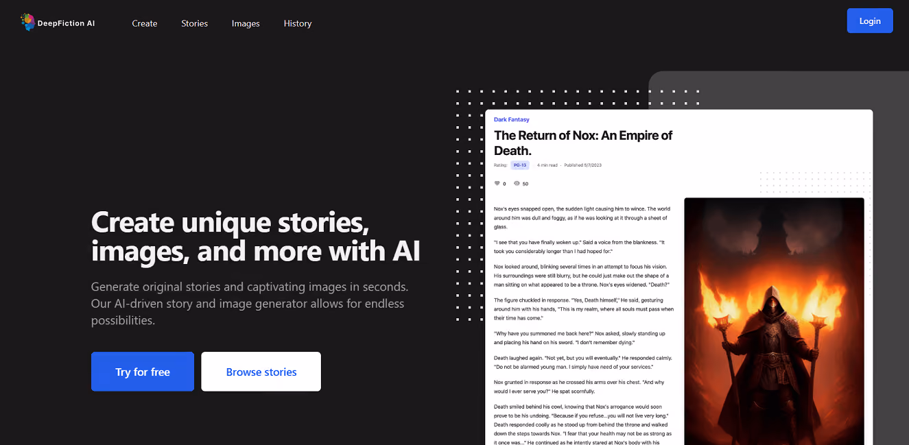 DeepFiction AI is an immersive storytelling platform that combines artificial intelligence and creativity to generate personalized narratives.