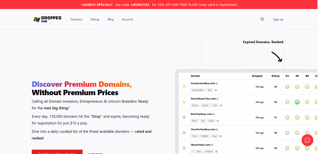 DroppedHub.com is a specialized platform providing users with valuable information and access to expired domain names. It enables users to search, filter, sort, capture, and register available domains, with a focus on the esteemed .com extensions.