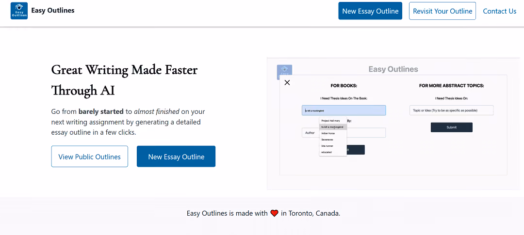 Easy Outlines is an innovative AI-driven tool that simplifies essay writing by generating thesis statements and outlines for users. It offers a versatile range of sources, including books, plays, poems, and abstract topics, to inspire essay ideas based on individual interests.