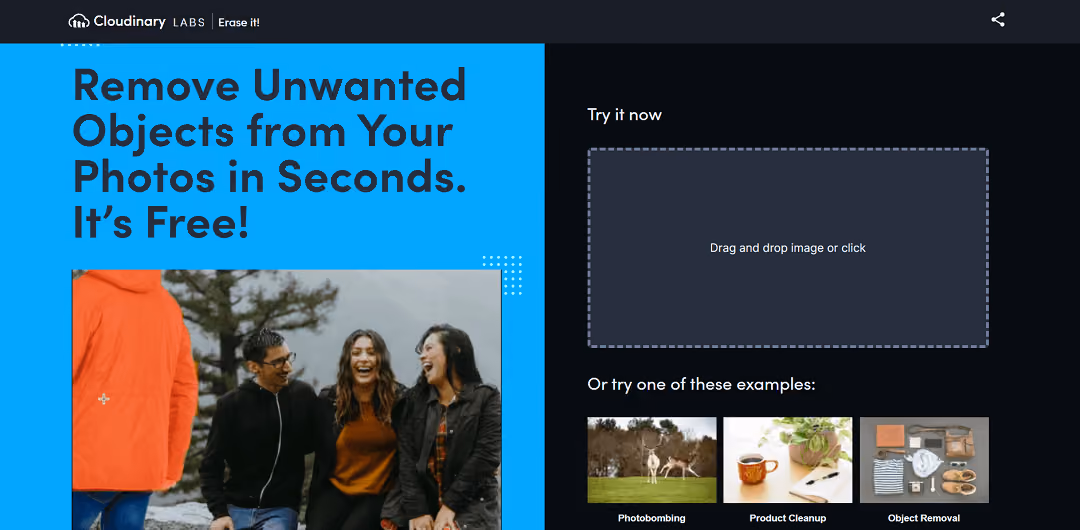 Introducing Erase It, an AI-powered tool developed by Cloudinary Labs, designed to effortlessly remove unwanted objects from your photos within seconds.