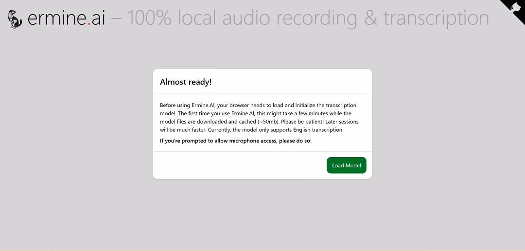 Ermine.ai introduces an AI tool enabling direct audio transcription from a device's microphone via local processing, avoiding external servers or internet connections.