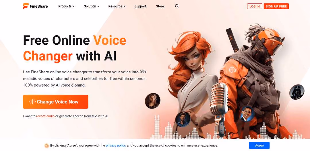 FineShare offers a Free Online Voice Changer powered by AI Voice Cloning. It lets content creators, gamers, podcasters, and vloggers transform their voices into 82+ styles and characters, like ghost, robot, kid, girl, man, anime, and celebrity voices.