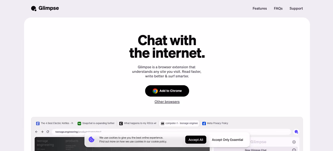 Glimpse, an advanced AI companion, greatly enhances the web browsing experience. This high-quality assistant seamlessly integrates with any website, allowing users to ask questions, compose emails, and summarize articles effortlessly.