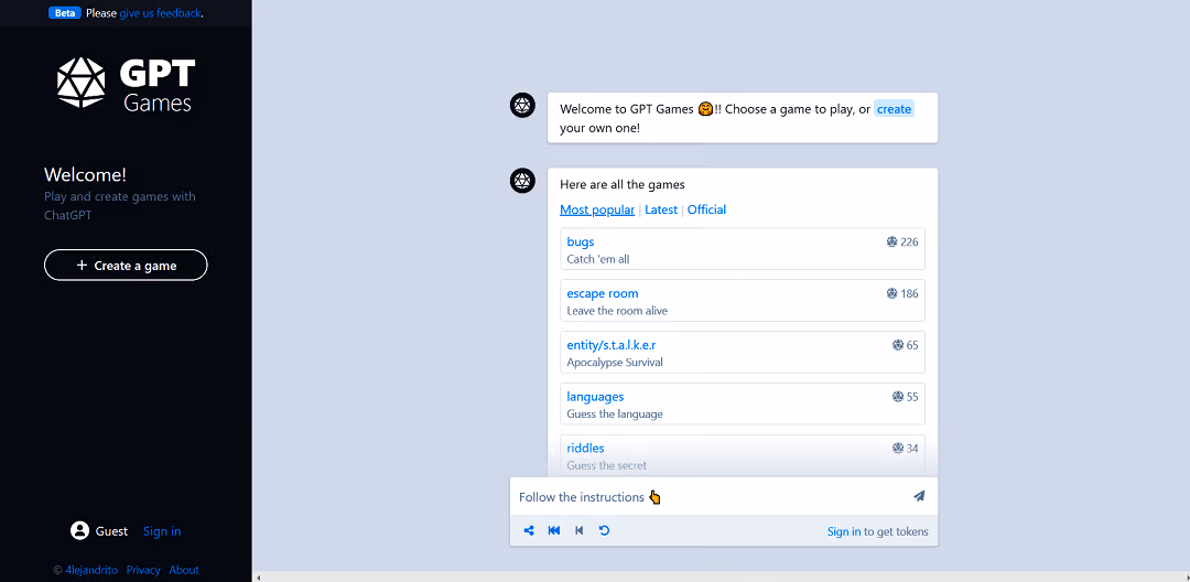GPT Games is a user-friendly platform that combines the power of ChatGPTBeta technology with the excitement of gaming.