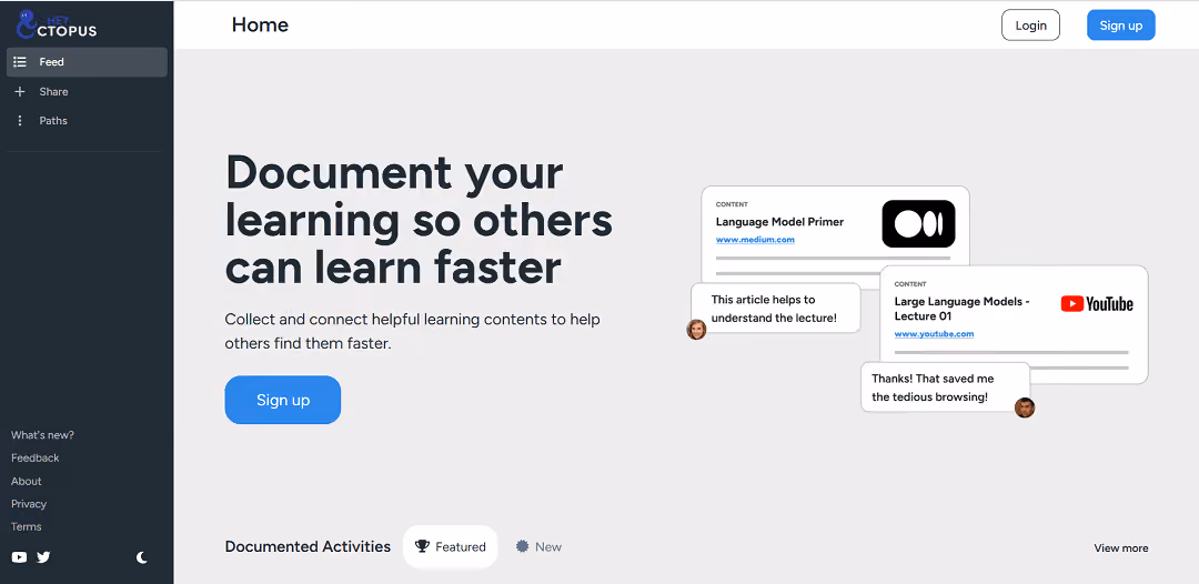 HeyOctopus is an AI-powered tool designed for creating personalized learning paths, particularly useful for quick immersion into new scientific fields. It enables users to craft paper-based pathways and share their learning journeys.