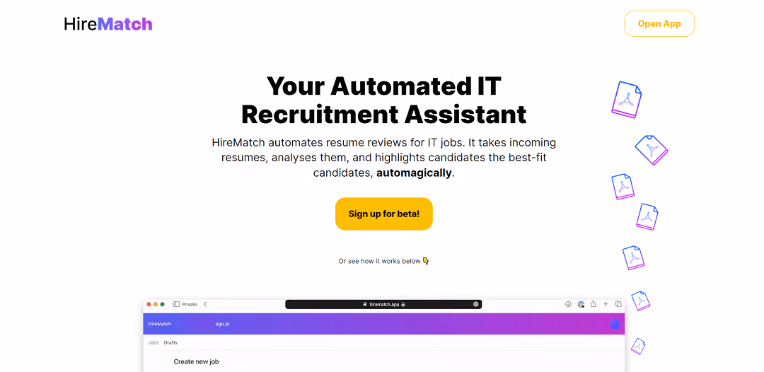 HireMatch is an AI-powered recruitment tool designed for IT professionals, automating resume reviews to save HR managers time. The system assesses resumes based on job requirements, presenting scored candidates in an easy-to-read list.
