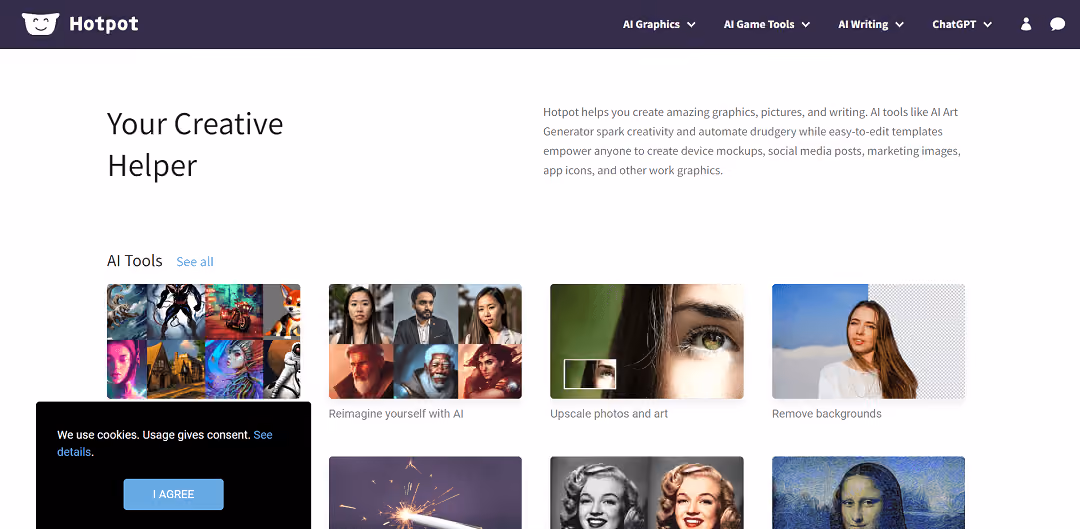 Hotpot.ai is an AI-powered platform that helps users create stunning graphics, images, and text.