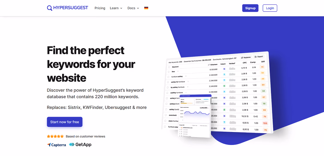 HyperSuggest is an advanced AI tool that aids in keyword research, clustering, and metric analysis.